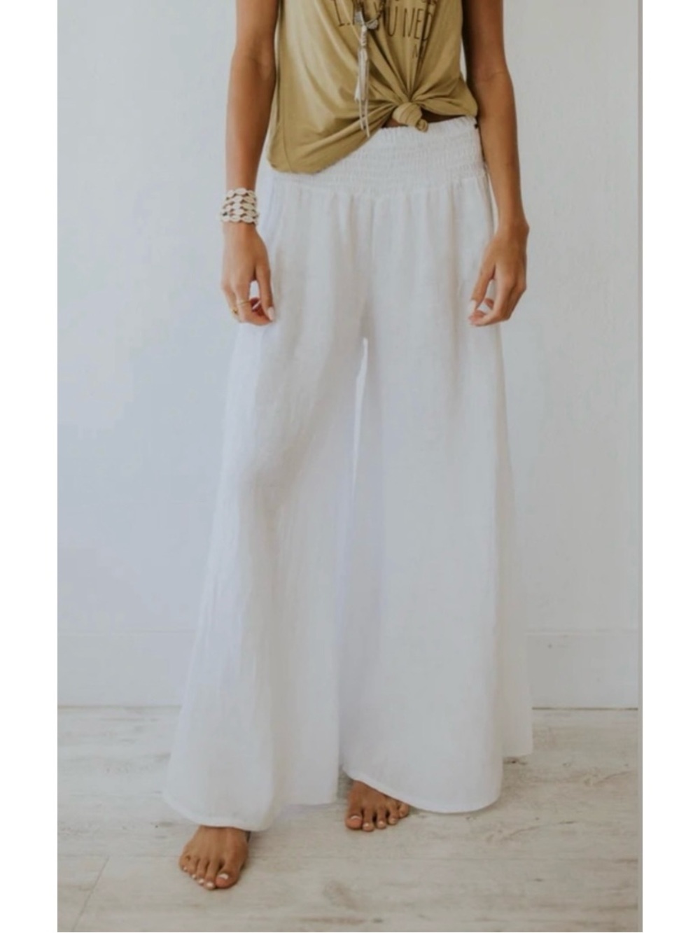 Tempo Paris 100% Cotton White Eyelet Elastic Waist Wide Leg Palazzo Pants